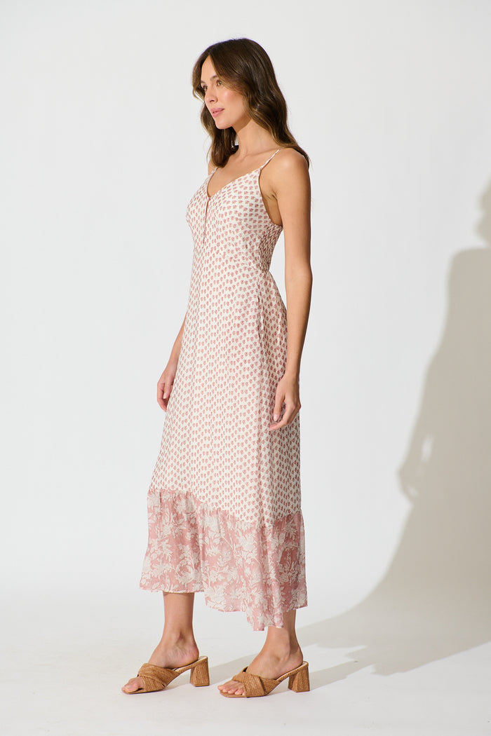 Sheer Elegance Maxi Sundress in White with Blush Print side