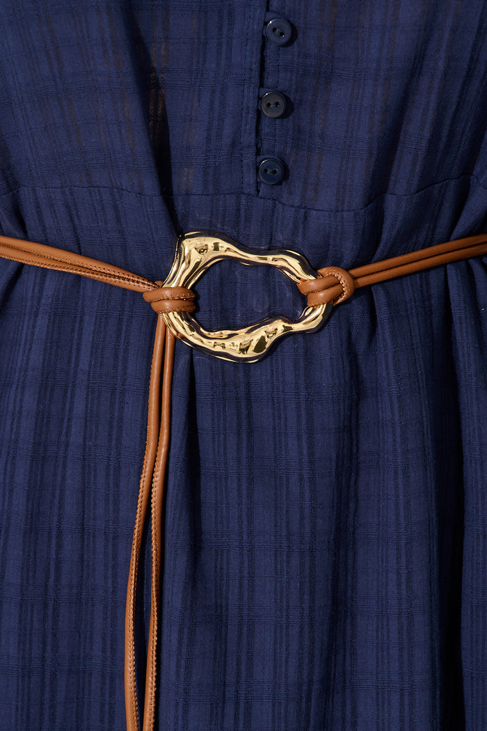 Cleo Belt in Brown with Gold Textured Tie Buckle on model close up