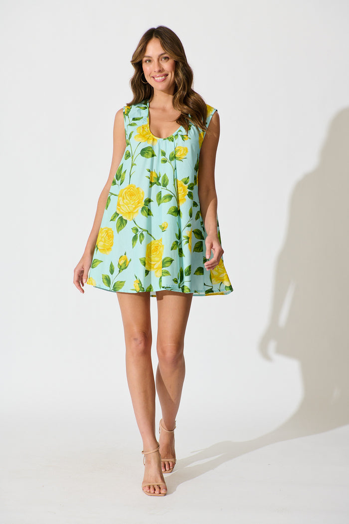 Lemon Drop Dress in Blue with Lemon Yellow Floral Cotton full length
