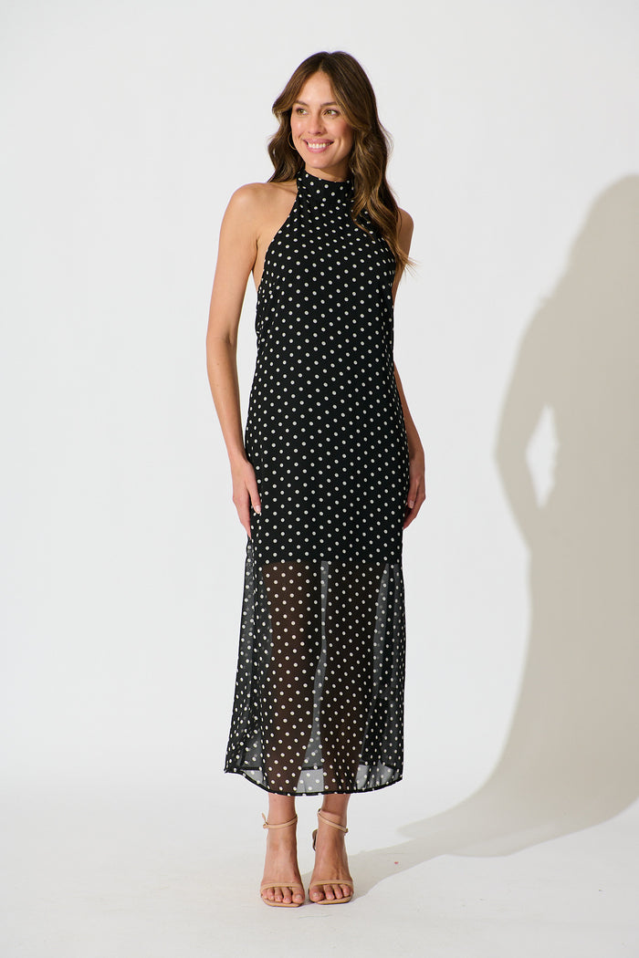 Andora Halterneck Maxi Dress in Black Polka Dot full length