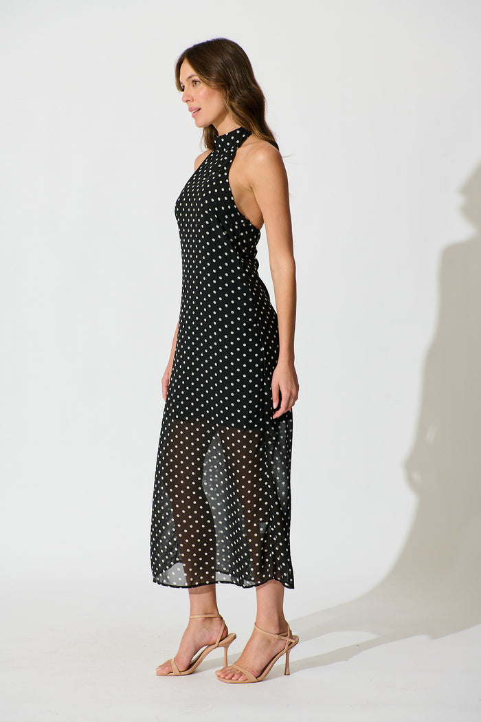 Andora Halterneck Maxi Dress in Black Polka Dot side