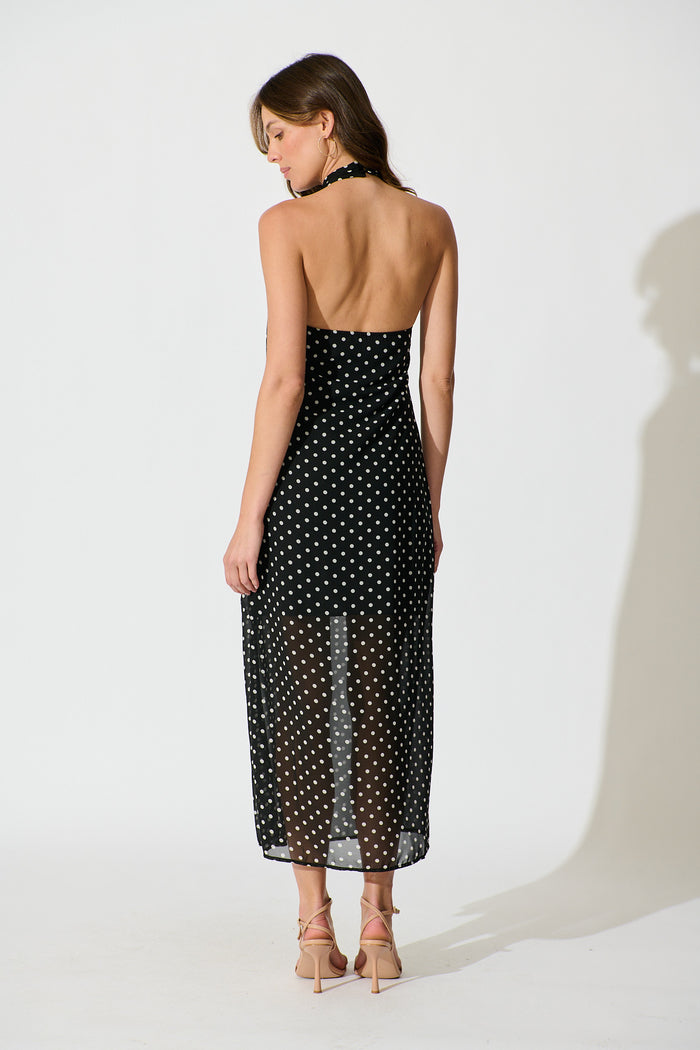 Andora Halterneck Maxi Dress in Black Polka Dot back
