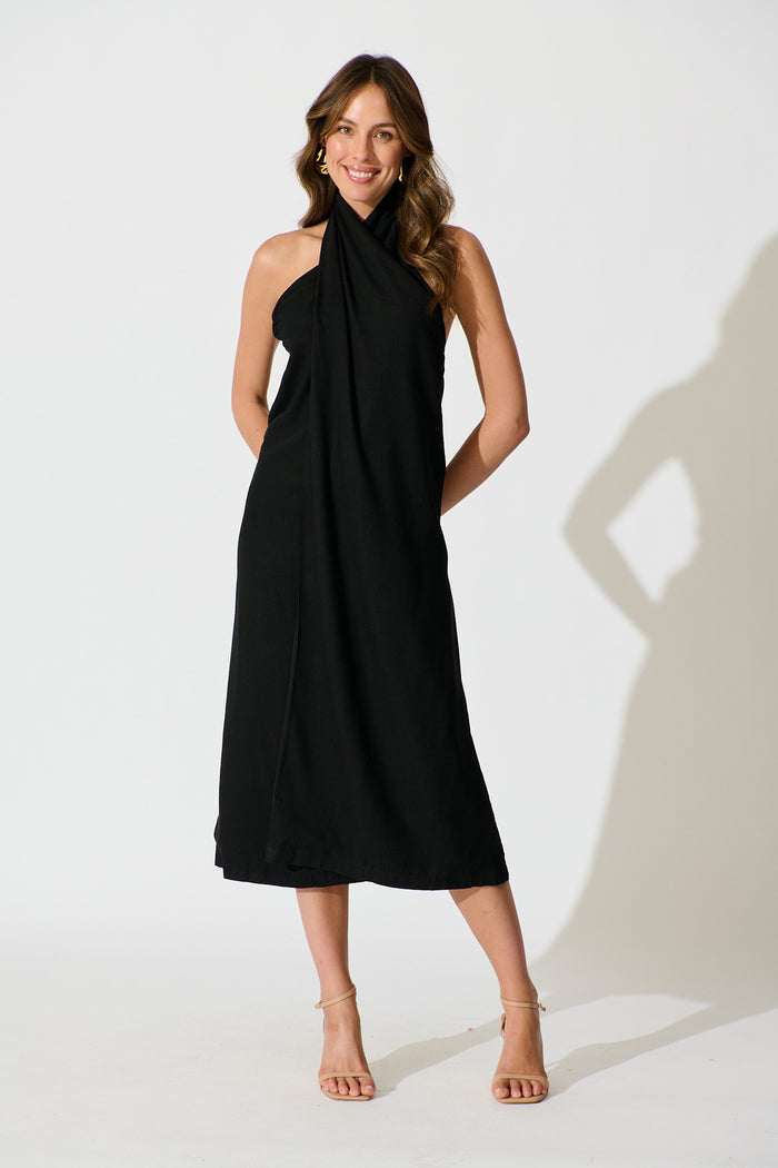 Rhiara Maxi Dress in Black Linen Blend full length