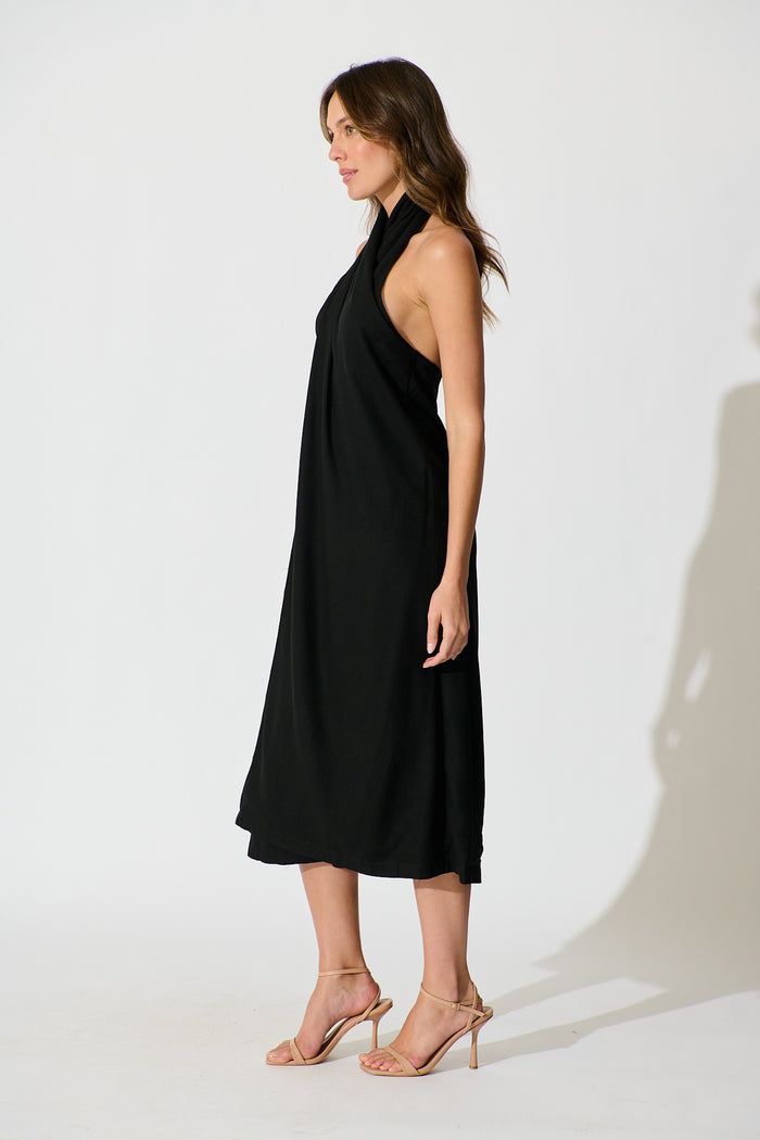 Rhiara Maxi Dress in Black Linen Blend side