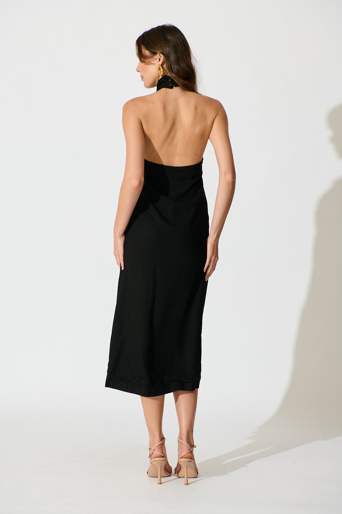 Rhiara Maxi Dress in Black Linen Blend back