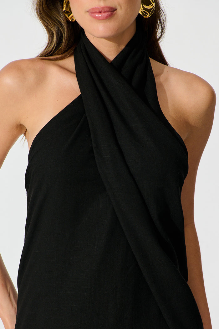 Rhiara Maxi Dress in Black Linen Blend detail