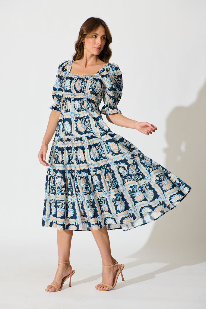 Rahima Midi Dress in Navy Multi Floral Cotton side