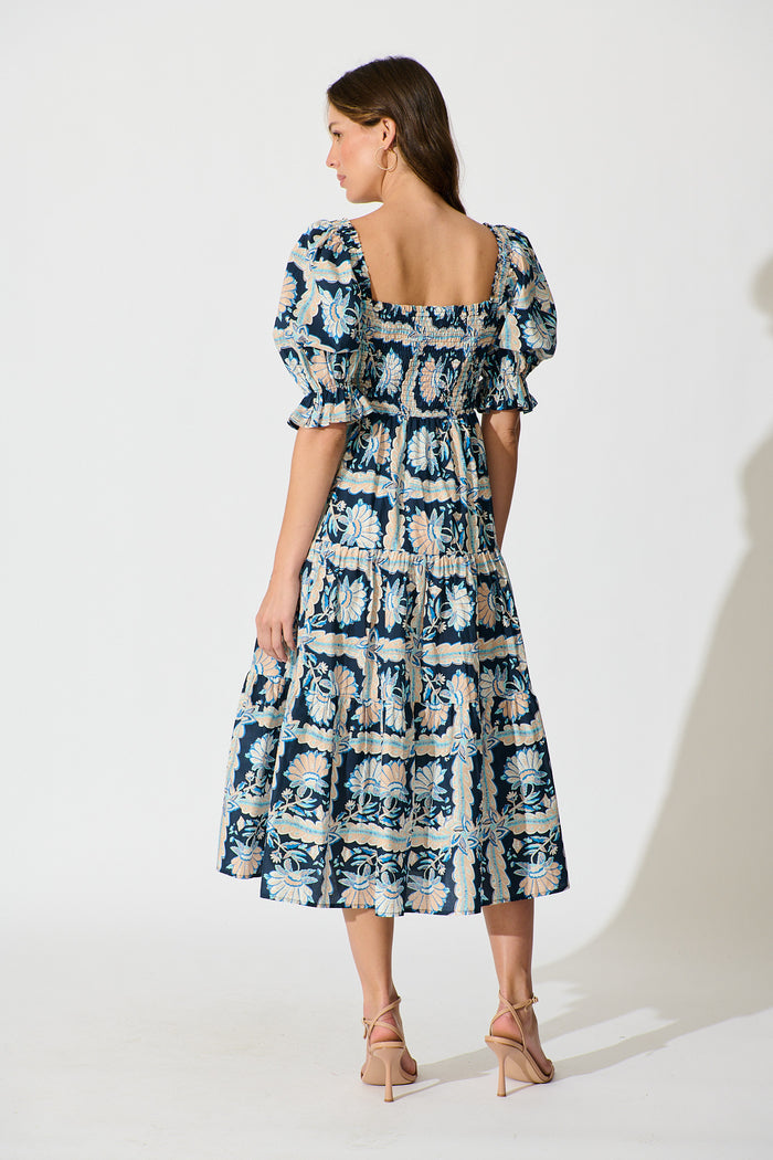 Rahima Midi Dress in Navy Multi Floral Cotton back