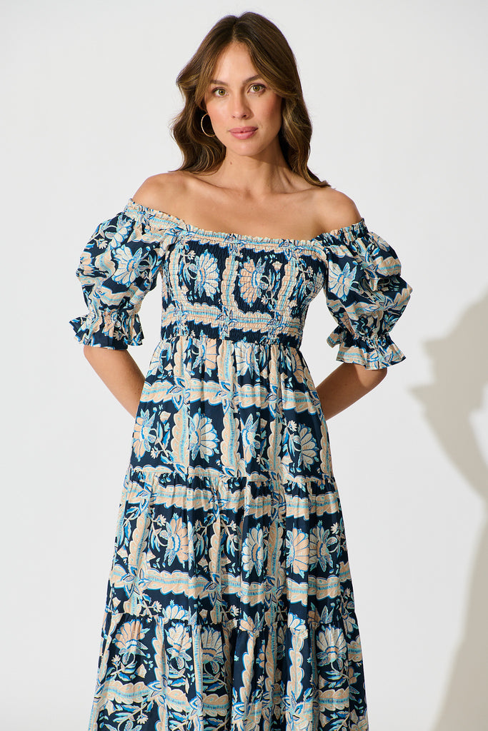 Rahima Midi Dress in Navy Multi Floral Cotton front off-shoulder