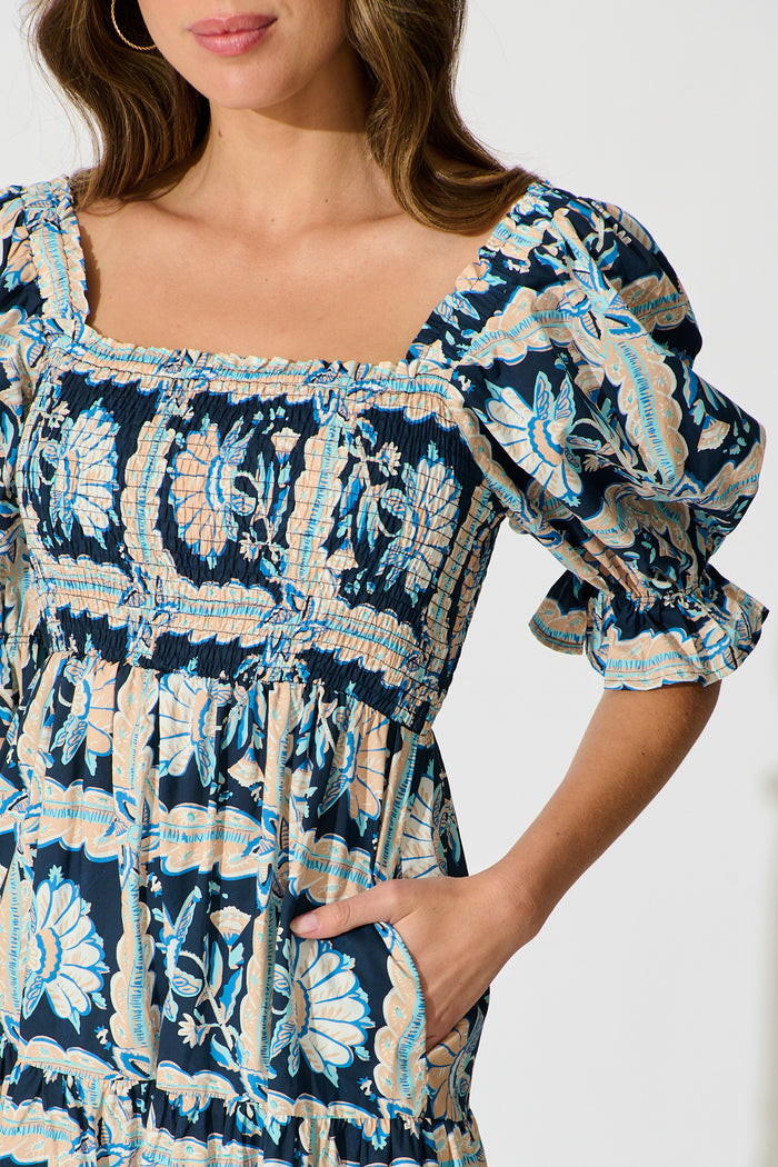 Rahima Midi Dress in Navy Multi Floral Cotton detail