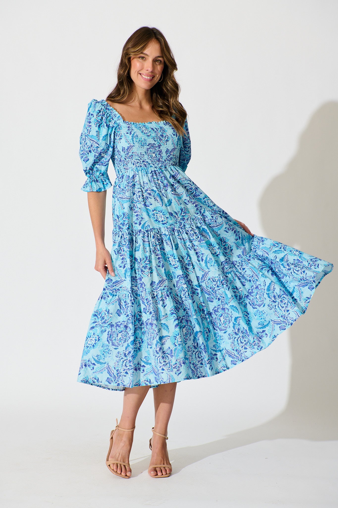 Rahima Midi Dress in Blue Floral Cotton full length