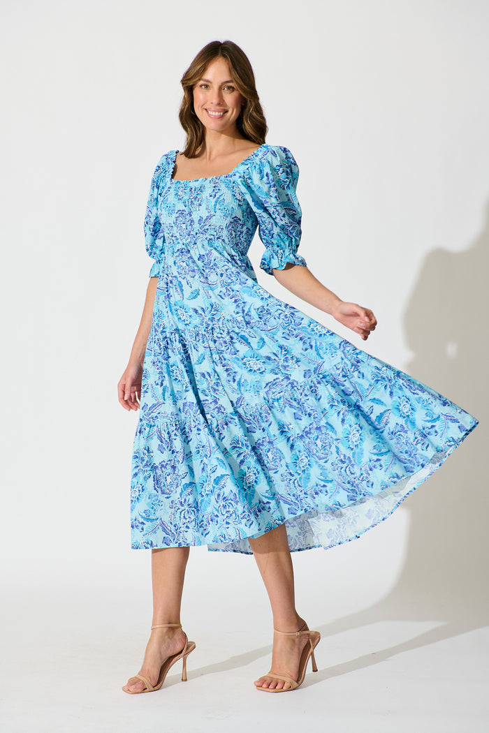 Rahima Midi Dress in Blue Floral Cotton side