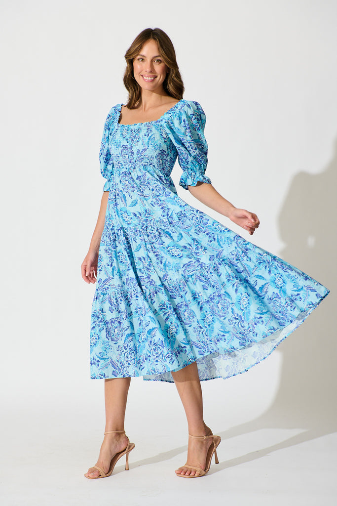 Rahima Midi Dress in Blue Floral Cotton side