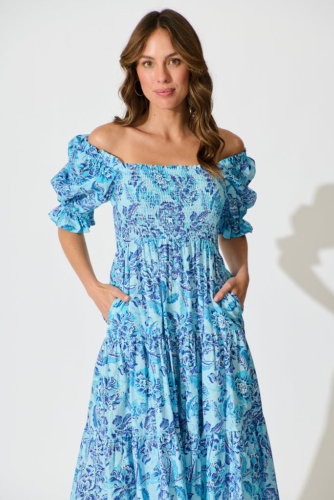 Rahima Midi Dress in Blue Floral Cotton front