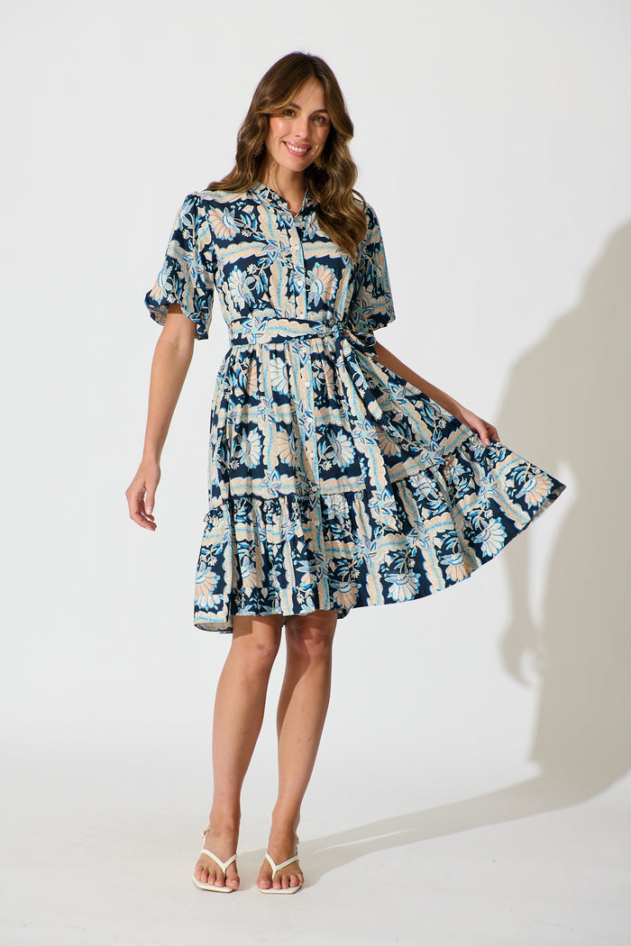 Seraya Dress in Navy Multi Floral Cotton full length