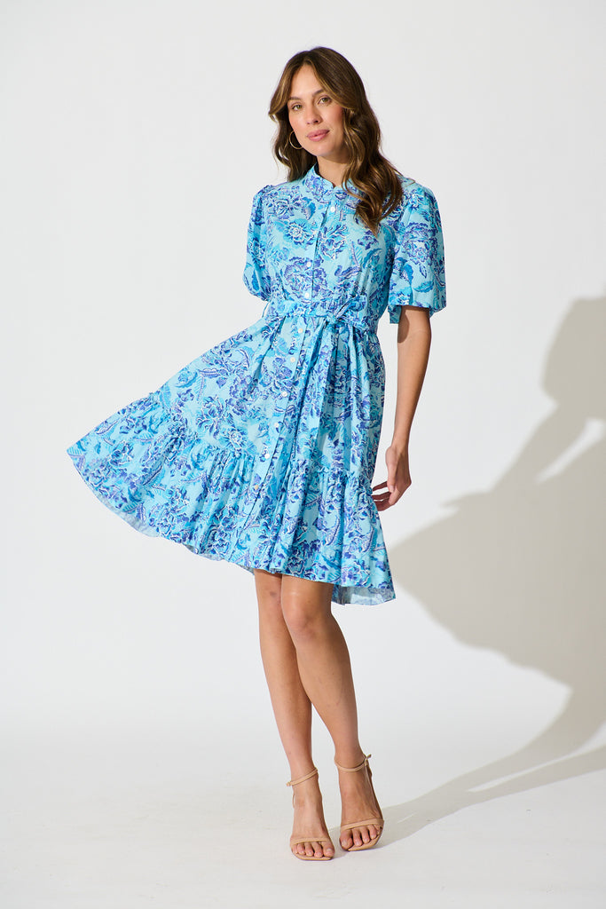 Seraya Dress in Blue Floral Cotton full length