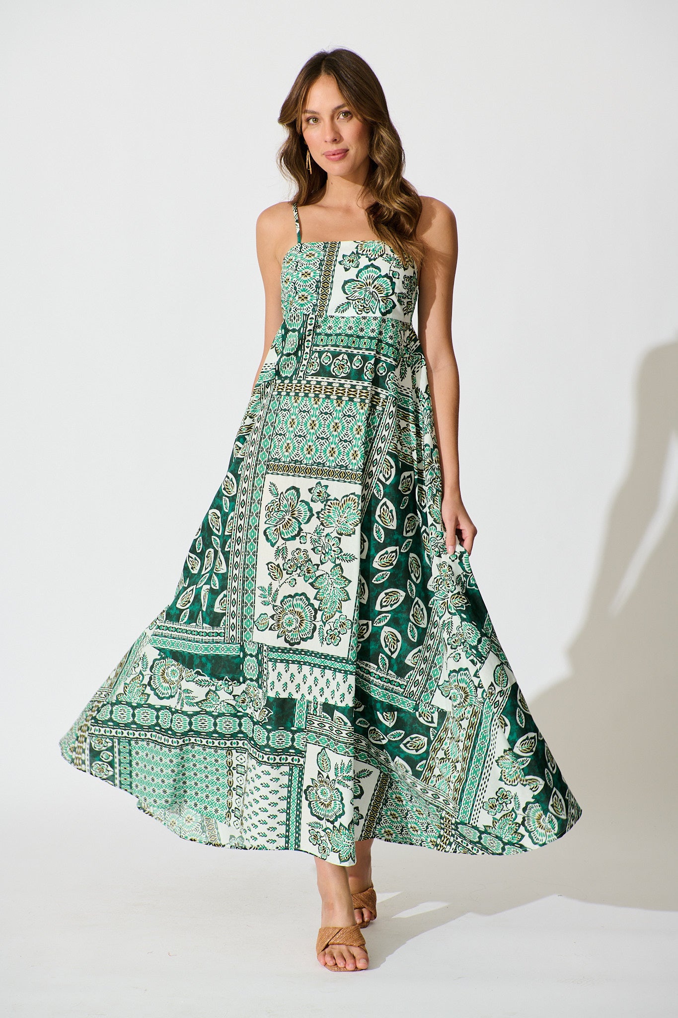 Lova Maxi Sundress in Green and White Patchwork Cotton full length