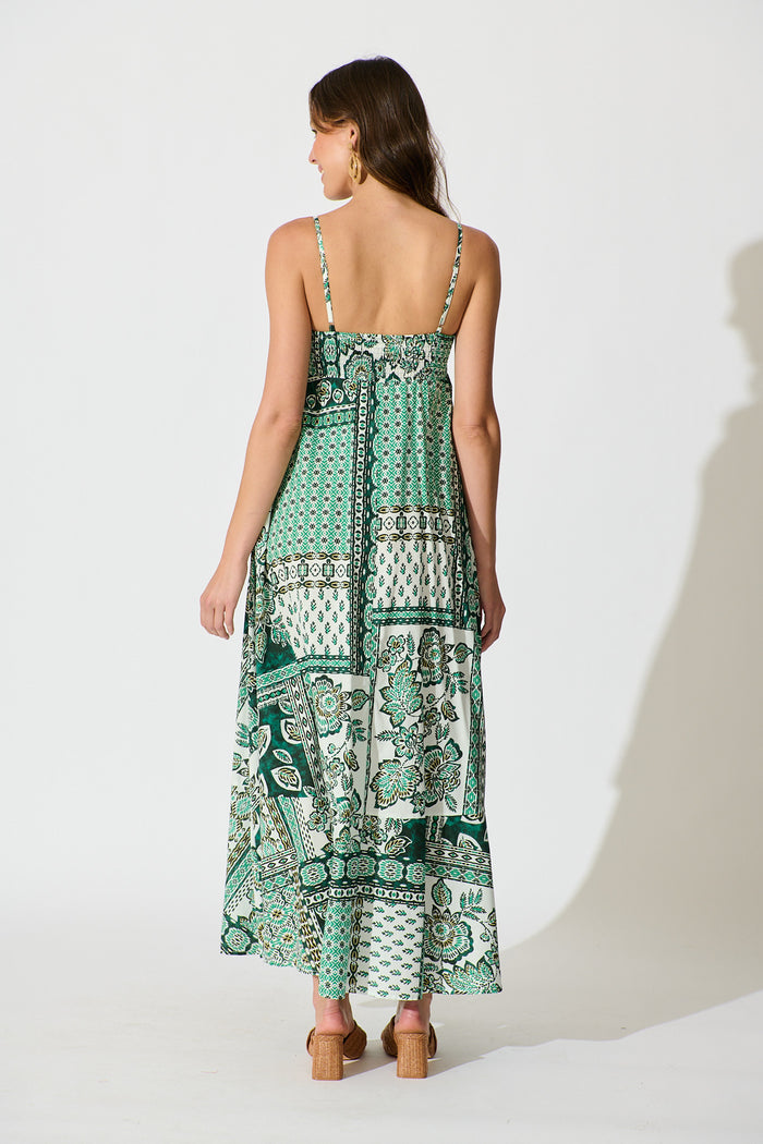 Lova Maxi Sundress in Green and White Patchwork Cotton back