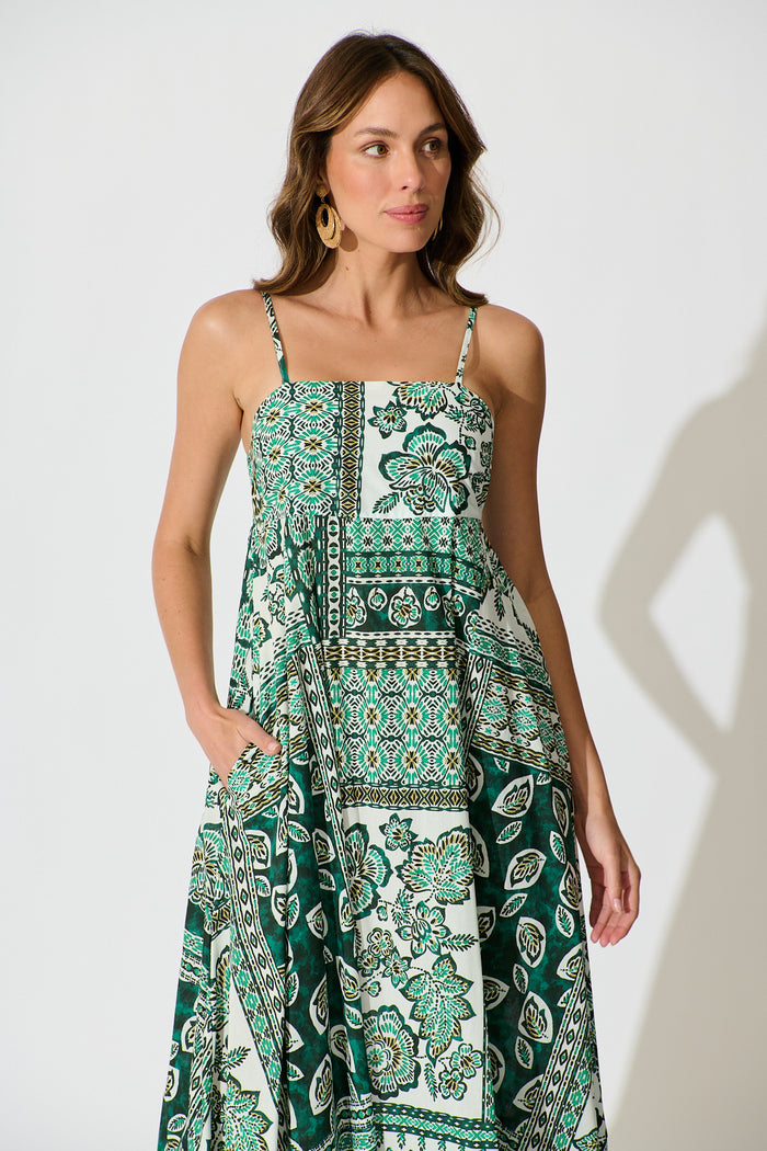 Lova Maxi Sundress in Green and White Patchwork Cotton front