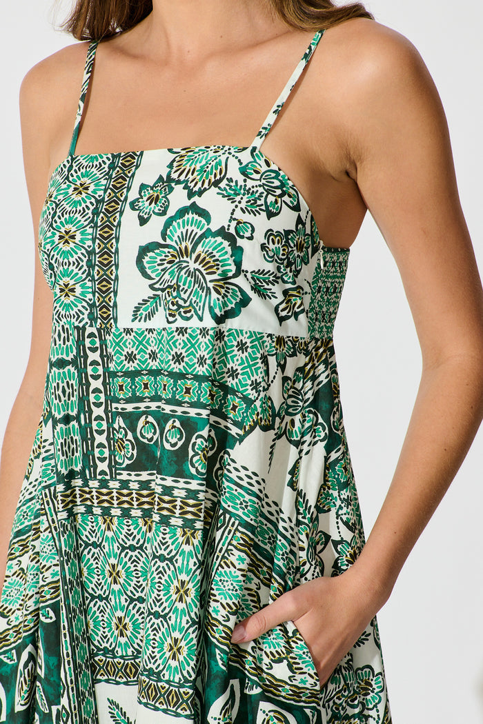 Lova Maxi Sundress in Green and White Patchwork Cotton detail