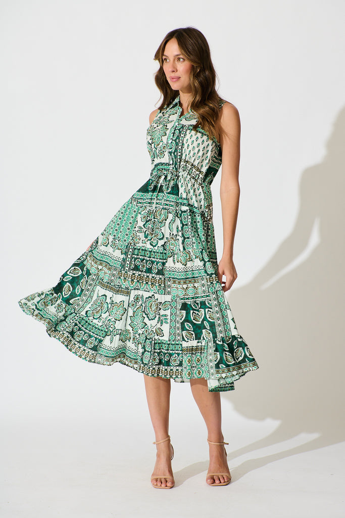 Larah Midi Dress in Green and White Patchwork Cotton full length