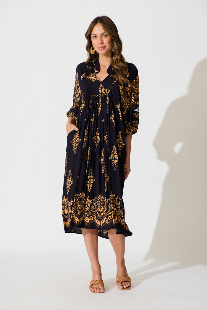 Covey Midi Dress in Navy with Tan Boho Linen Blend full length