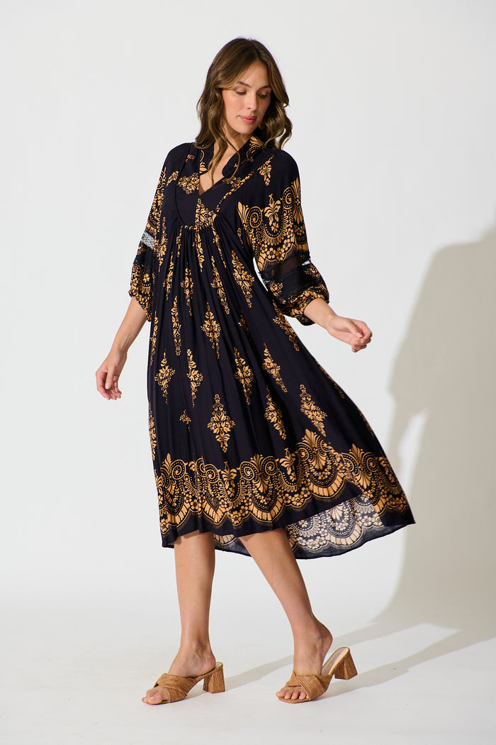 Covey Midi Dress in Navy with Tan Boho Linen Blend side