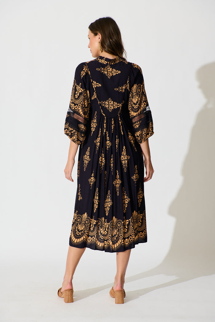 Covey Midi Dress in Navy with Tan Boho Linen Blend back