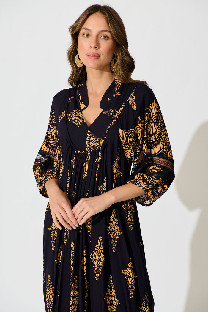 Covey Midi Dress in Navy with Tan Boho Linen Blend front