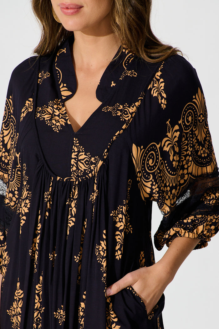 Covey Midi Dress in Navy with Tan Boho Linen Blend detail