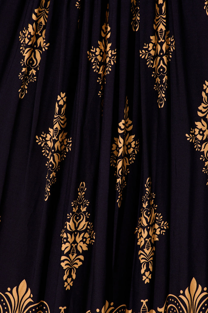 Covey Midi Dress in Navy with Tan Boho Linen Blend fabric