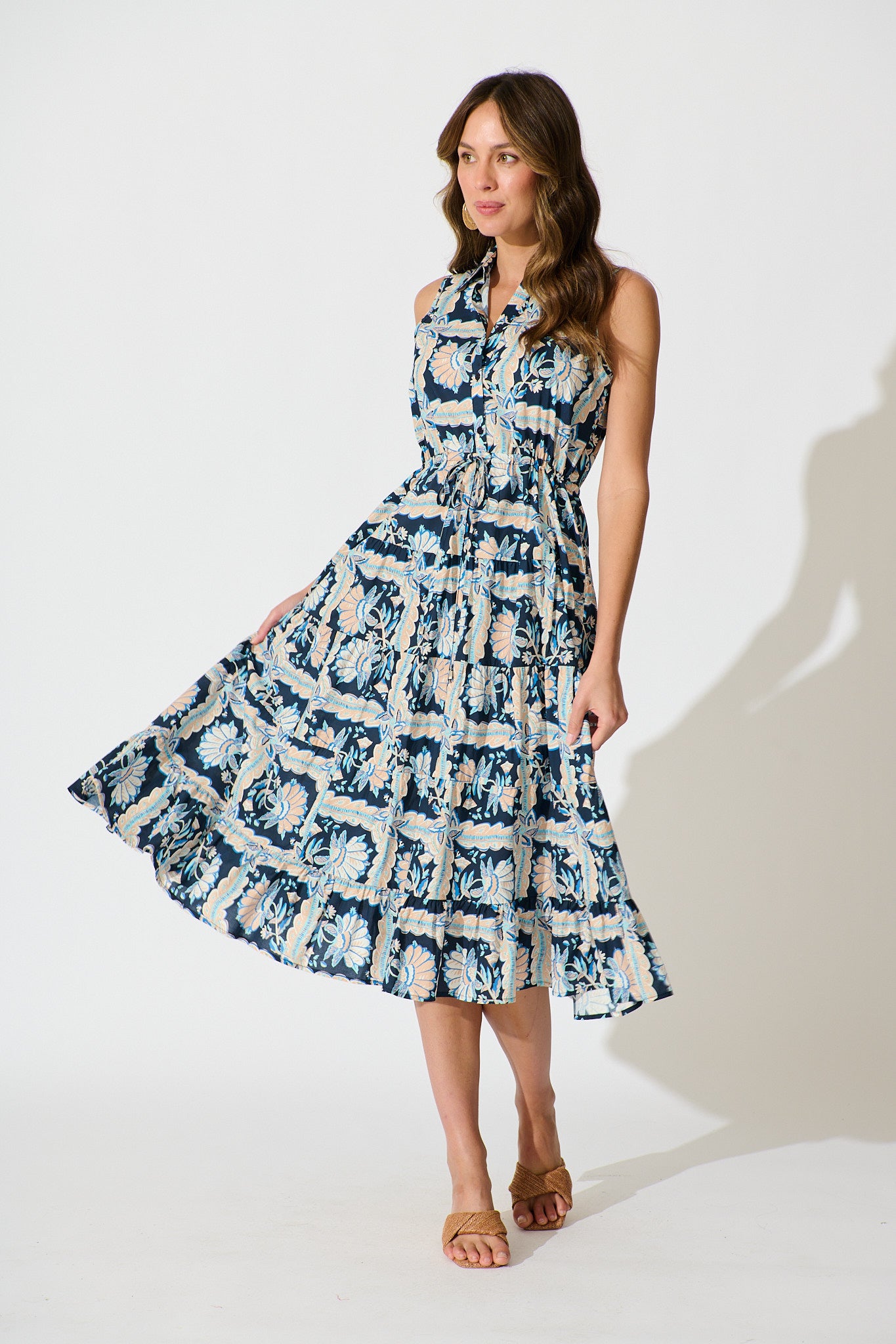 Larah Midi Dress in Navy Multi Floral Cotton full length