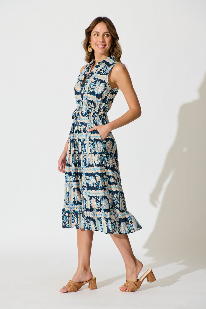Larah Midi Dress in Navy Multi Floral Cotton side