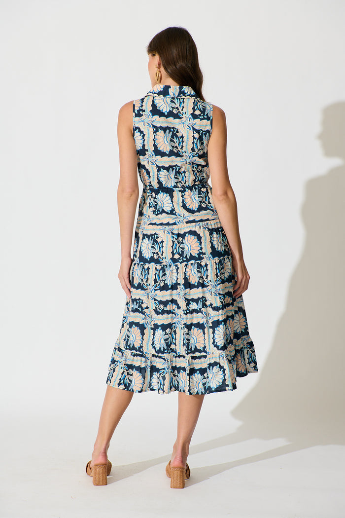 Larah Midi Dress in Navy Multi Floral Cotton back