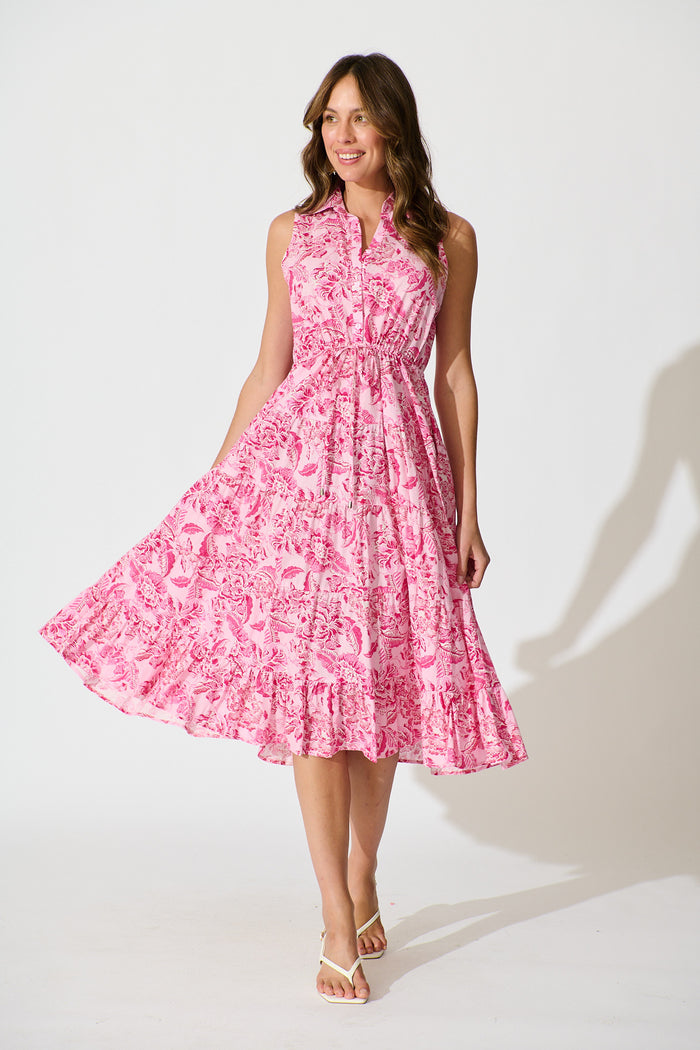 Larah Midi Dress in Pink Floral Cotton full length