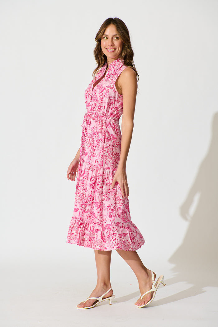 Larah Midi Dress in Pink Floral Cotton side