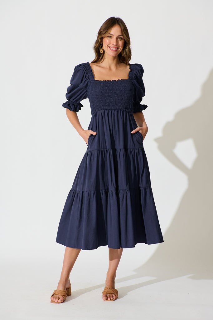Rahima Midi Dress in Navy Cotton full length