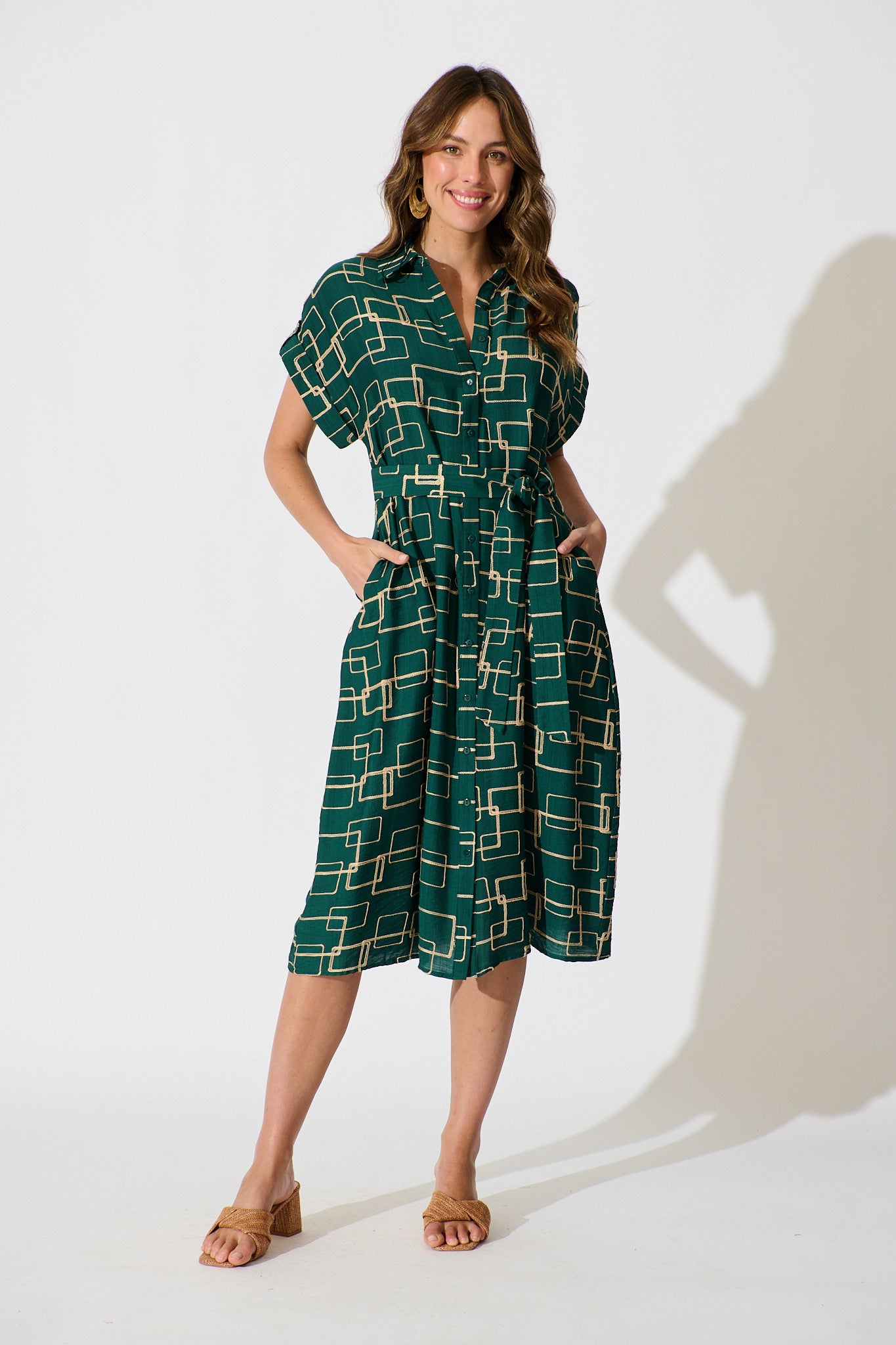 Hartlee Midi Shirt Dress in Emerald Embroidery Linen Blend full length