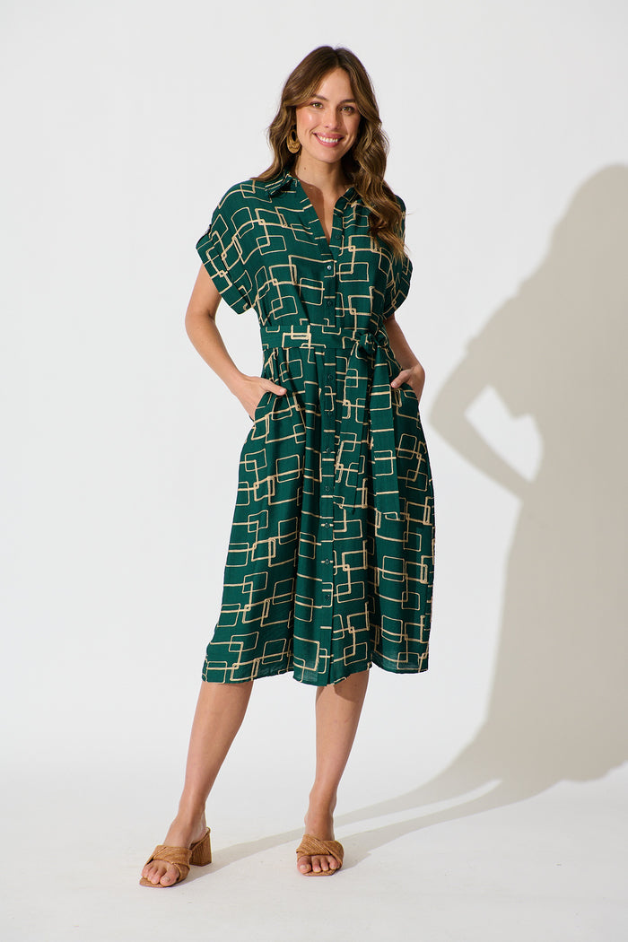 Hartlee Midi Shirt Dress in Emerald Embroidery Linen Blend full length