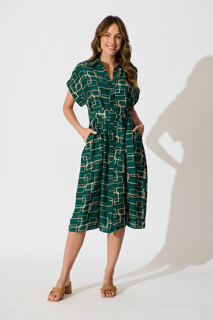 Hartlee Midi Shirt Dress in Emerald Embroidery Linen Blend full length