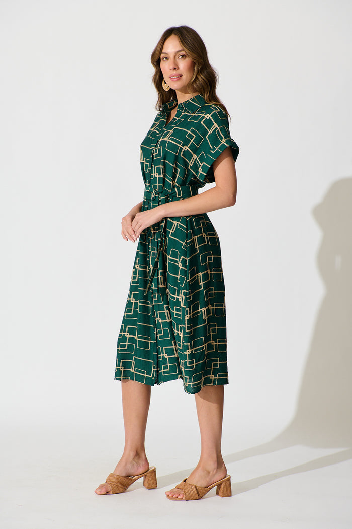 Hartlee Midi Shirt Dress in Emerald Embroidery Linen Blend side