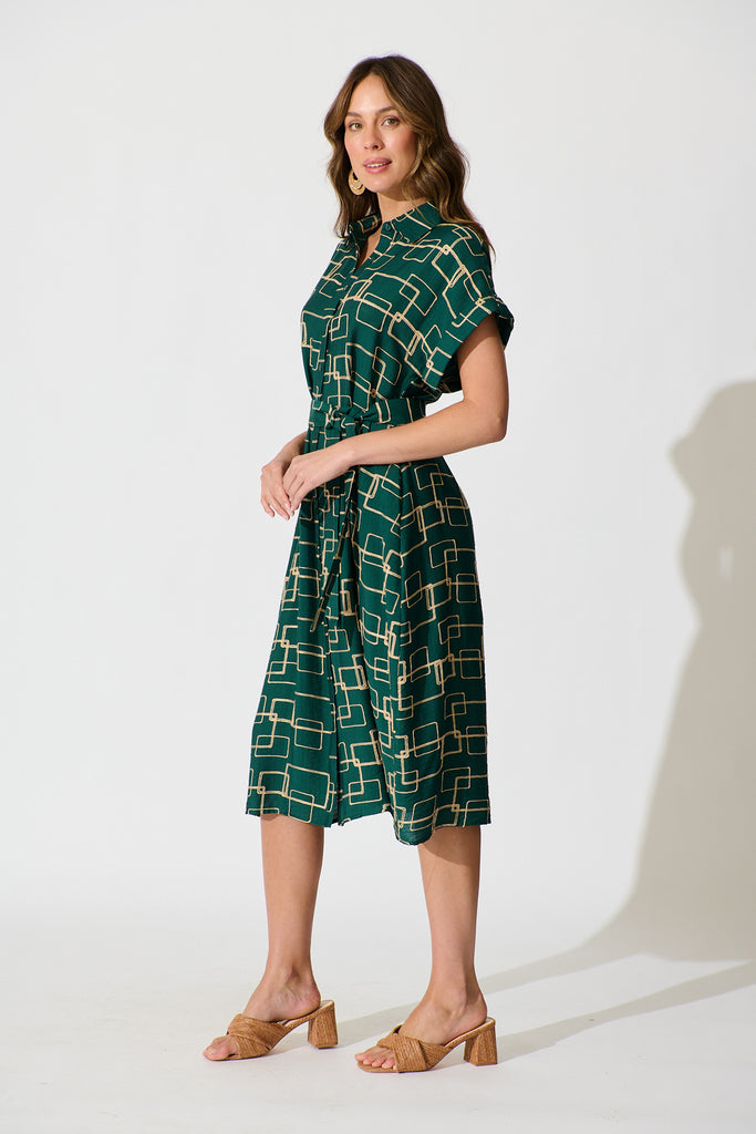 Hartlee Midi Shirt Dress in Emerald Embroidery Linen Blend side