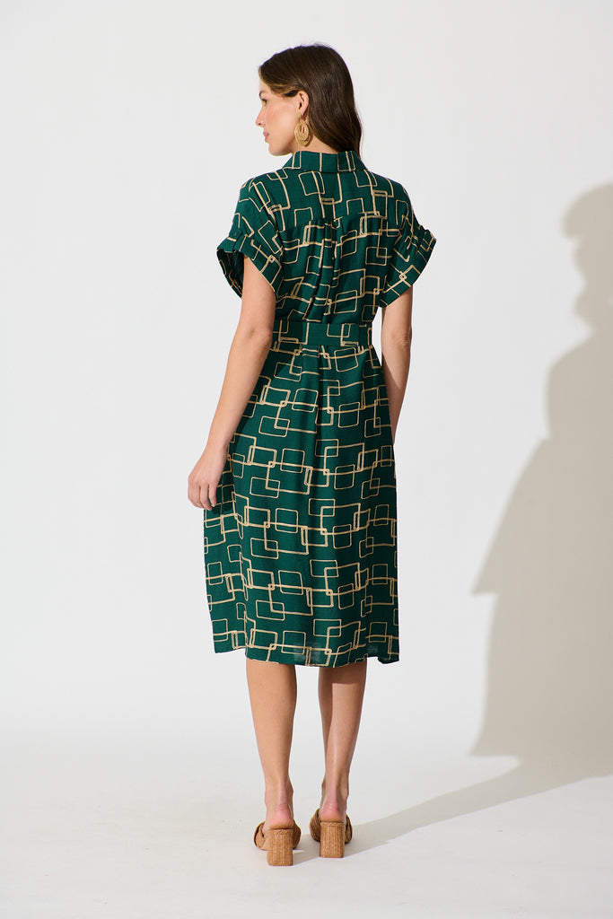 Hartlee Midi Shirt Dress in Emerald Embroidery Linen Blend back