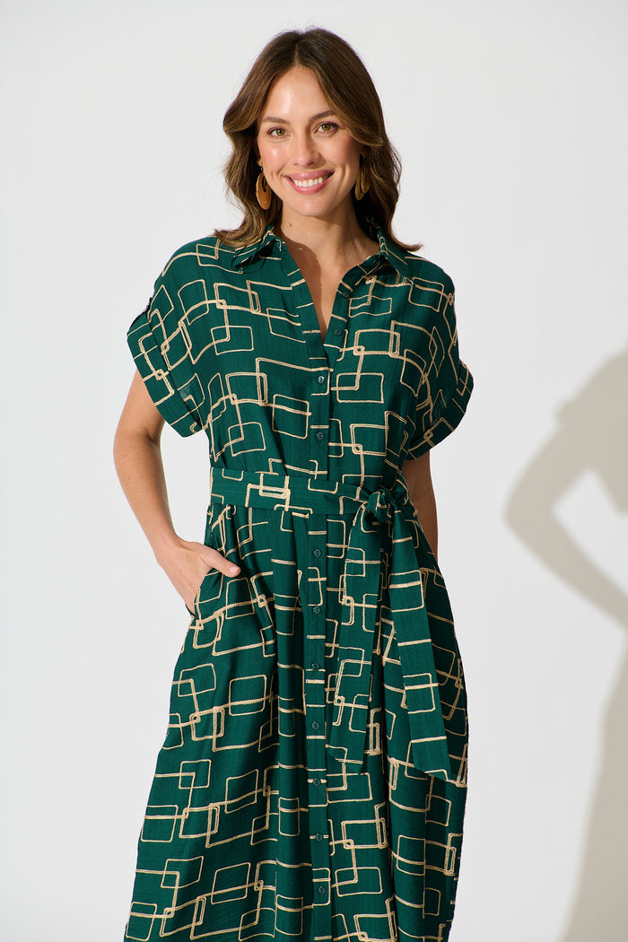 Hartlee Midi Shirt Dress in Emerald Embroidery Linen Blend front