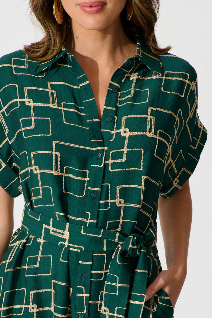 Hartlee Midi Shirt Dress in Emerald Embroidery Linen Blend detail