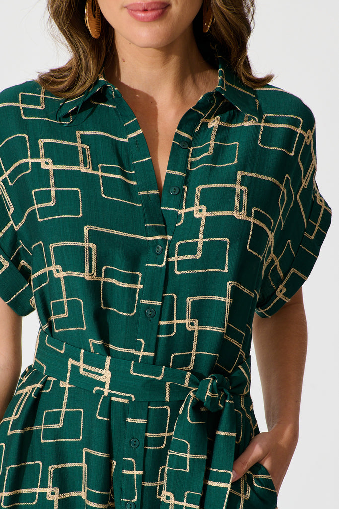 Hartlee Midi Shirt Dress in Emerald Embroidery Linen Blend detail