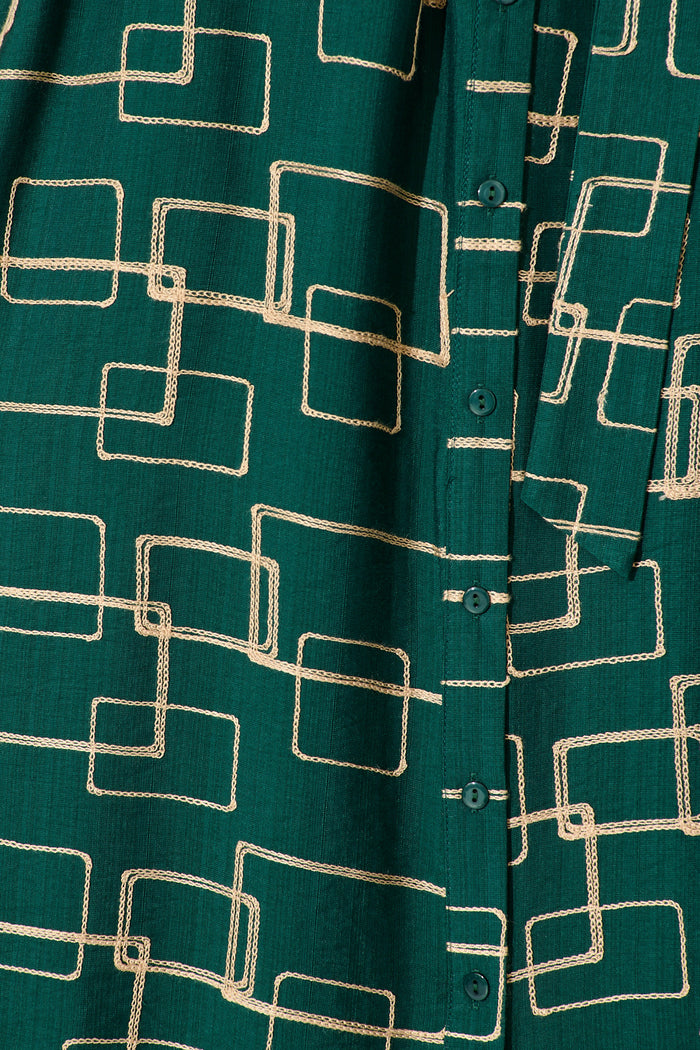 Hartlee Midi Shirt Dress in Emerald Embroidery Linen Blend fabric