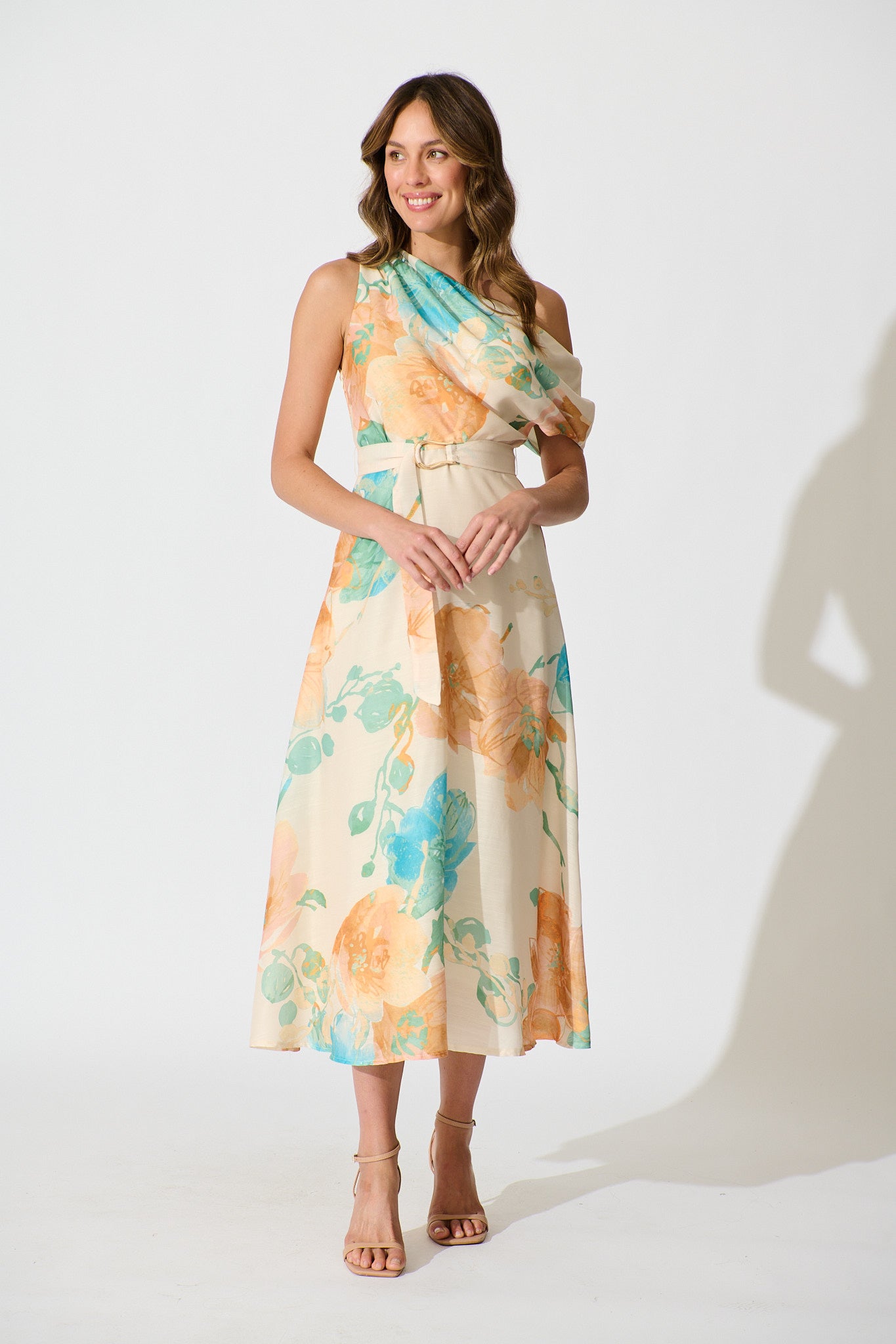 Shelbi Maxi Off Shoulder Dress in Tangerine with Blue Floral full length