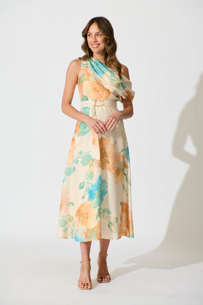 Shelbi Maxi Off Shoulder Dress in Tangerine with Blue Floral full length