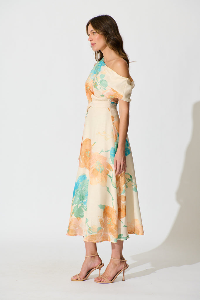 Shelbi Maxi Off Shoulder Dress in Tangerine with Blue Floral side